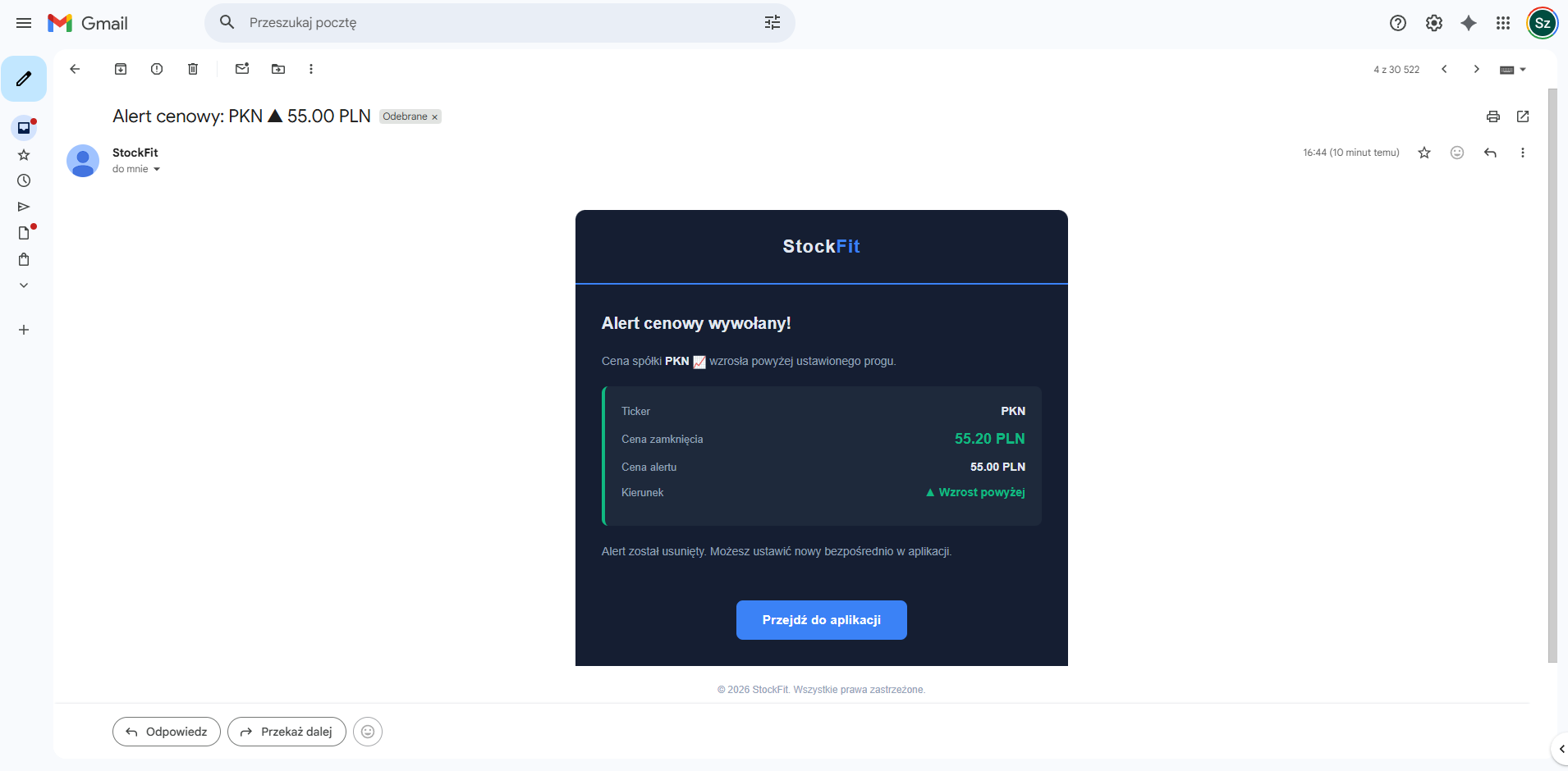 Powiadomienia mailowe lub w aplikacji